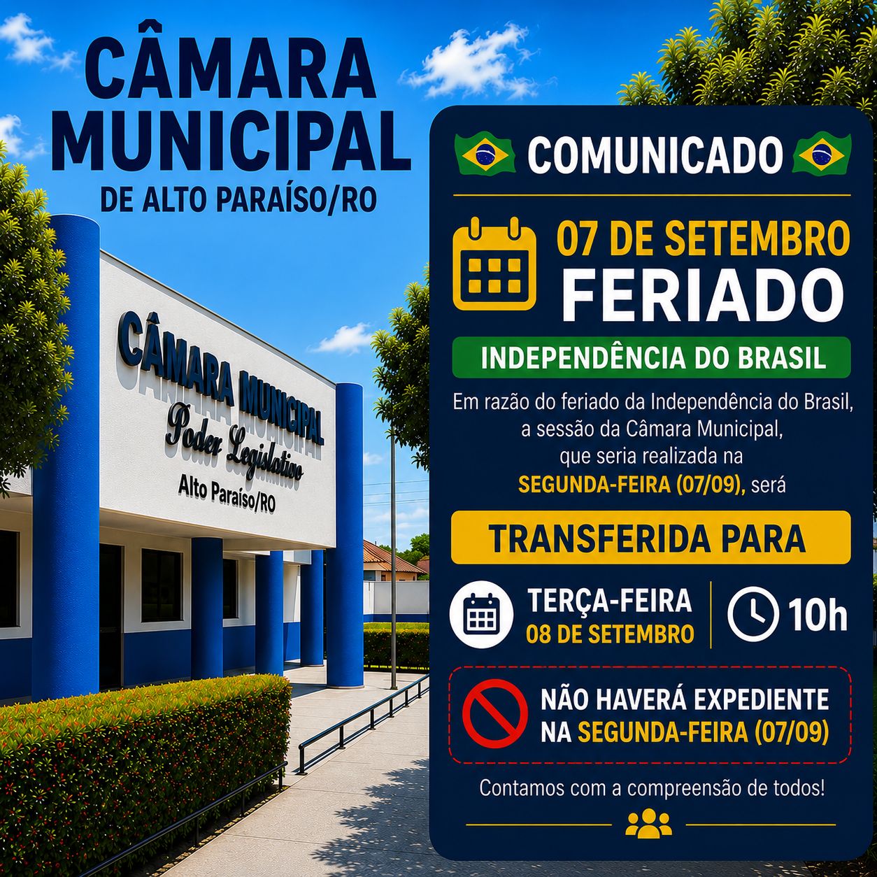 Câmara Municipal de Alto Paraíso/RO transfere sessão ordinária devido ao feriado de 7 de Setembro